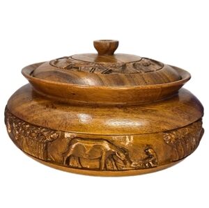 Beautifully Hand Carved 1969 Wood Bowl With Lid Asian Philippines Farm Life